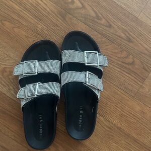 Madden Girl Black Slide Sandals with Silver Rhinestone Buckles